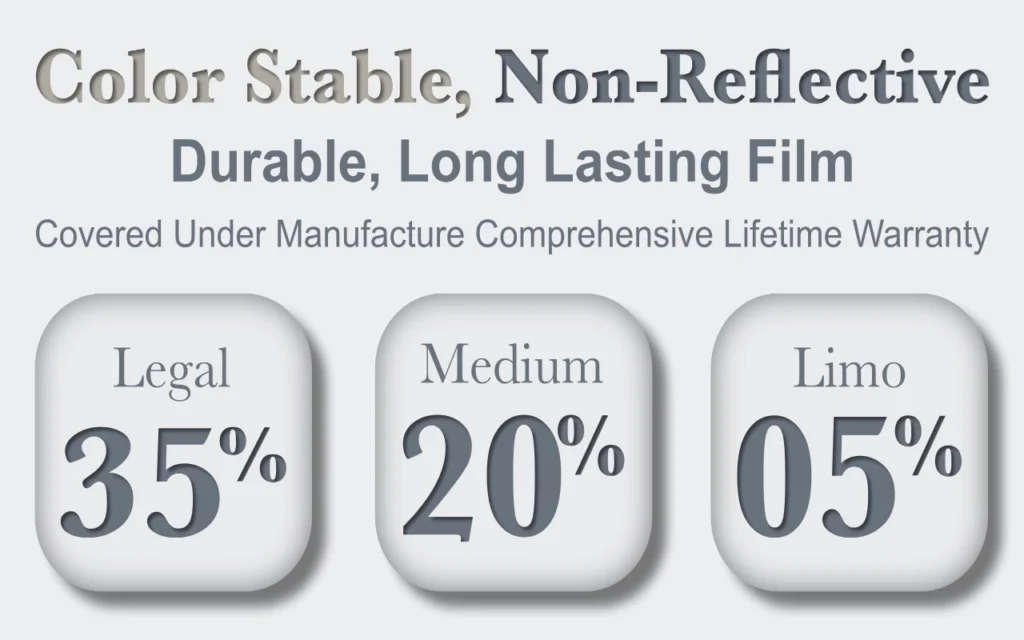 Film Installers Window Tint Darkness Color Stable VLT: 35%, 20% and 5%